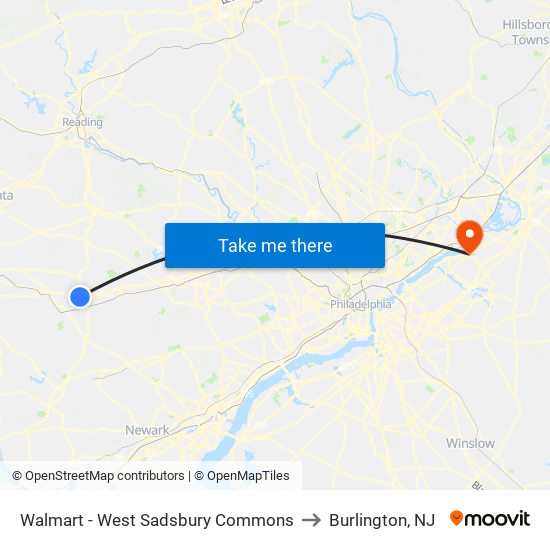 Walmart - West Sadsbury Commons to Burlington, NJ map