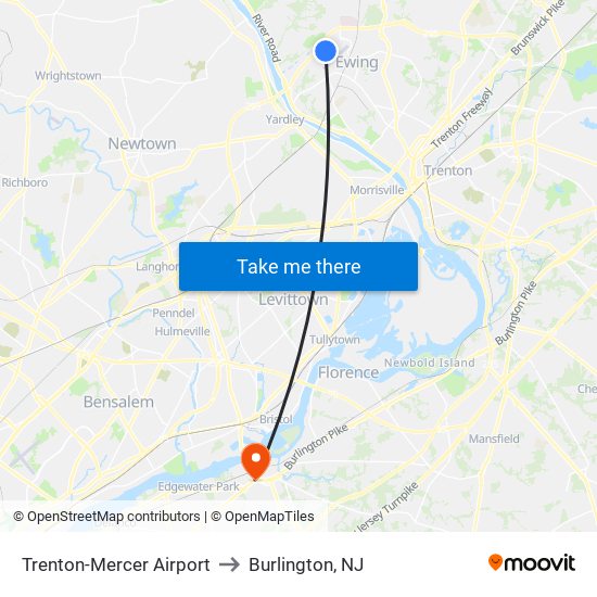 Trenton-Mercer Airport to Burlington, NJ map