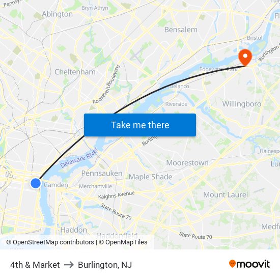 4th & Market to Burlington, NJ map