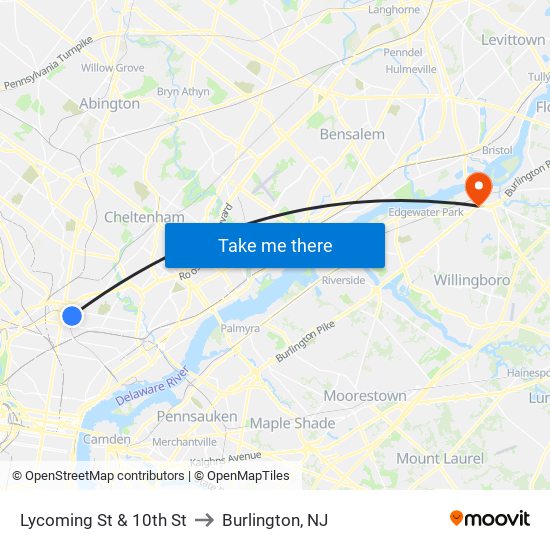 Lycoming St & 10th St to Burlington, NJ map