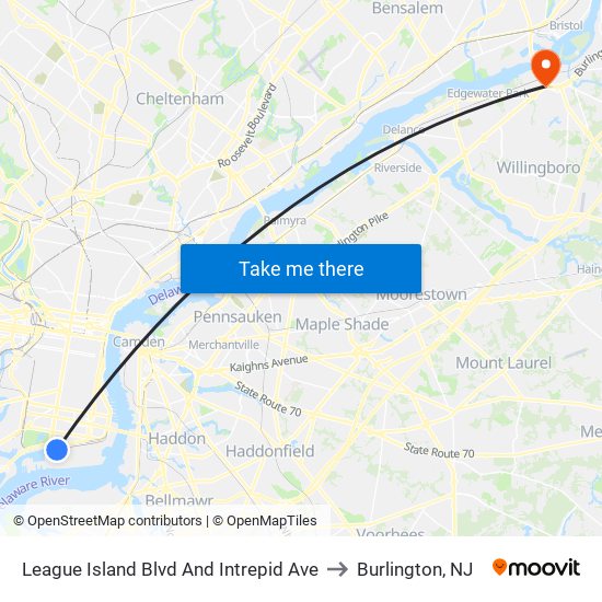 League Island Blvd And Intrepid Ave to Burlington, NJ map