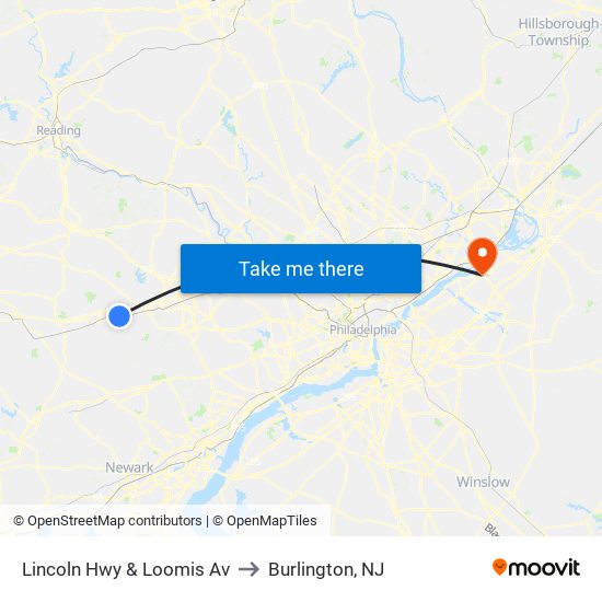 Lincoln Hwy & Loomis Av to Burlington, NJ map