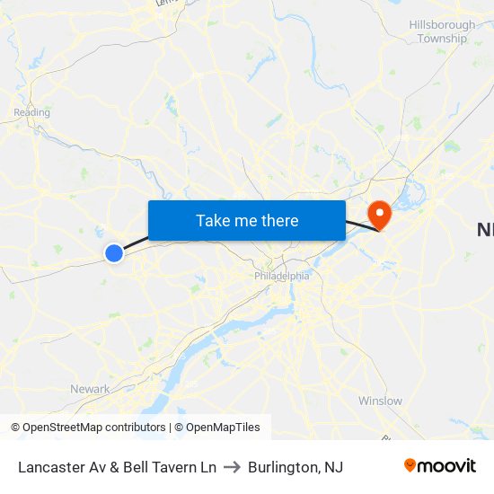 Lancaster Av & Bell Tavern Ln to Burlington, NJ map