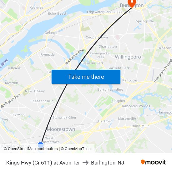 Kings Hwy (Cr 611) at Avon Ter to Burlington, NJ map