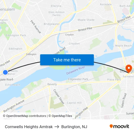 Cornwells Heights Amtrak to Burlington, NJ map