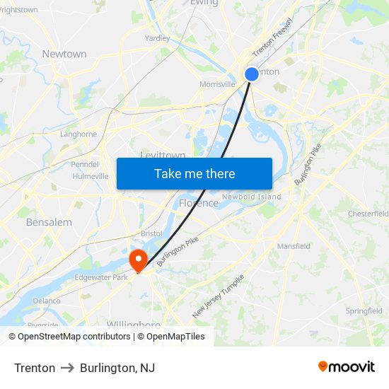 Trenton to Burlington, NJ map