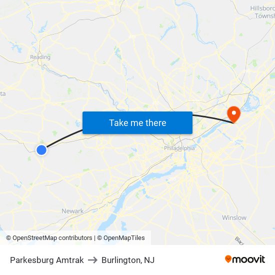 Parkesburg Amtrak to Burlington, NJ map