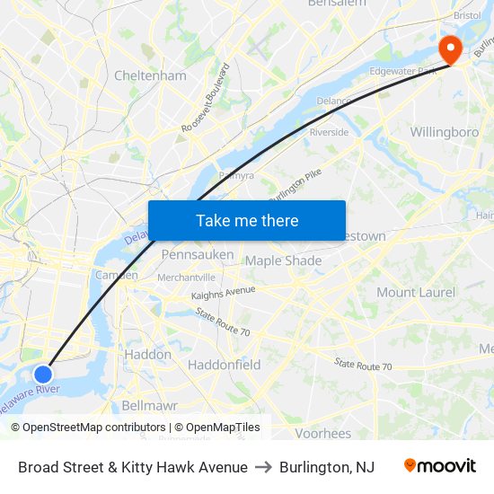 Broad Street & Kitty Hawk Avenue to Burlington, NJ map