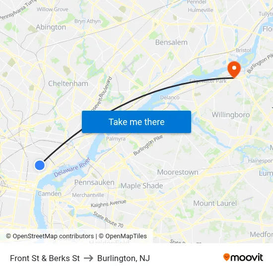 Front St & Berks St to Burlington, NJ map