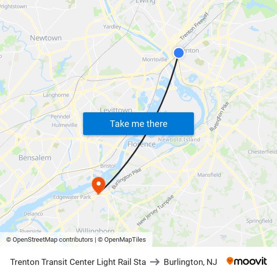 Trenton Transit Center Light Rail Sta to Burlington, NJ map