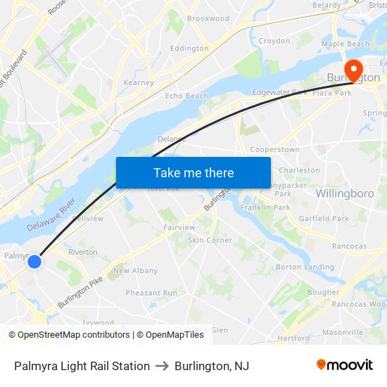 Palmyra Light Rail Station to Burlington, NJ map