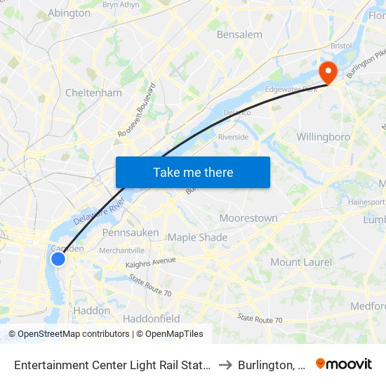 Entertainment Center Light Rail Station to Burlington, NJ map