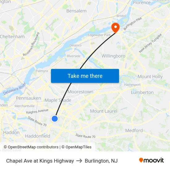 Chapel Ave at Kings Highway to Burlington, NJ map
