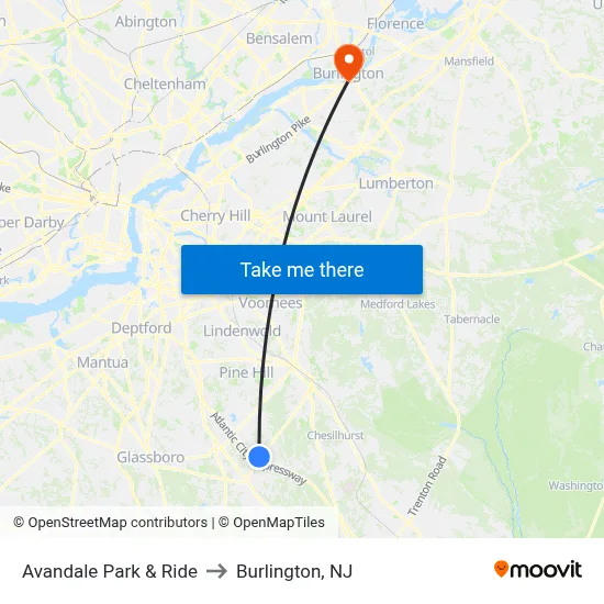 Avandale Park & Ride to Burlington, NJ map