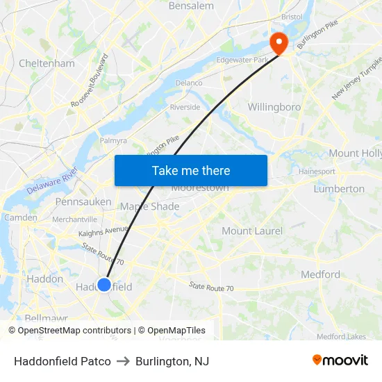 Haddonfield Patco to Burlington, NJ map