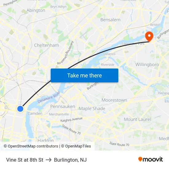 Vine St at 8th St to Burlington, NJ map