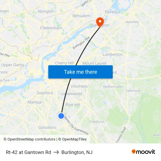 Rt-42 at Gantown Rd to Burlington, NJ map