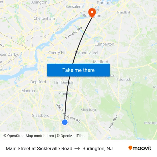 Main Street at Sicklerville Road to Burlington, NJ map