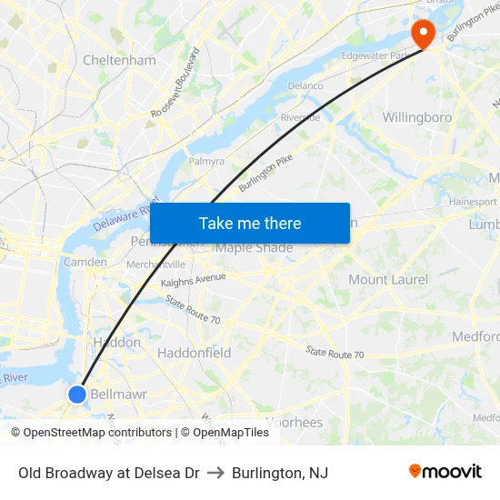 Old Broadway at Delsea Dr to Burlington, NJ map