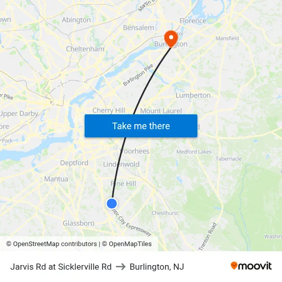Jarvis Rd at Sicklerville Rd to Burlington, NJ map