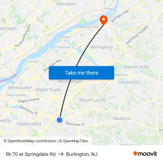 Rt-70 at Springdale Rd to Burlington, NJ map