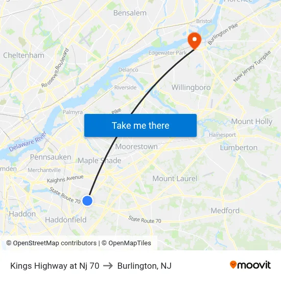 Kings Highway at Nj 70 to Burlington, NJ map