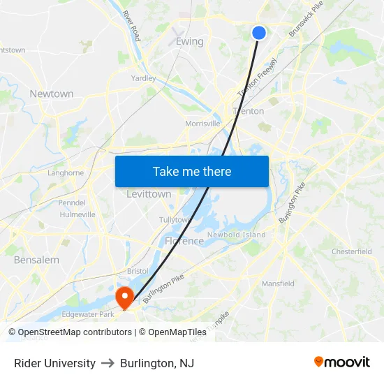 Rider University to Burlington, NJ map
