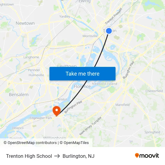 Trenton High School to Burlington, NJ map