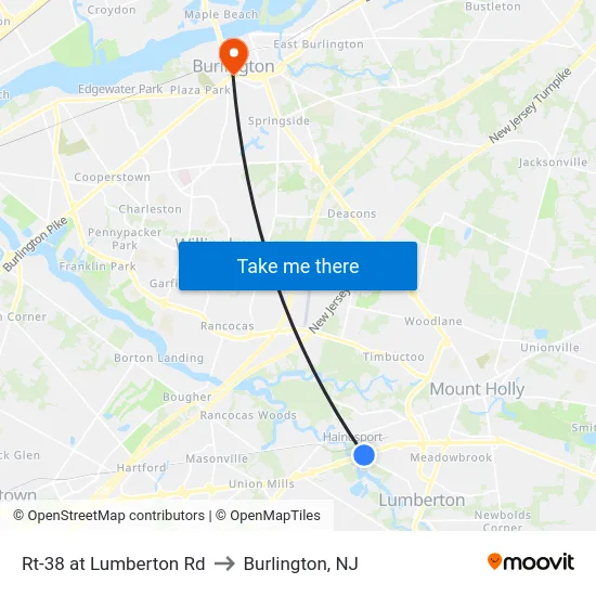 Rt-38 at Lumberton Rd to Burlington, NJ map