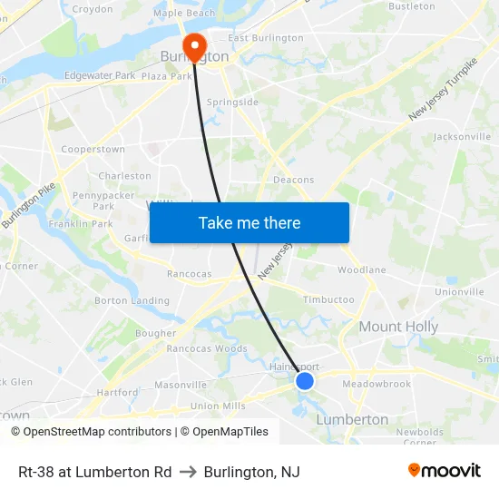 Rt-38 at Lumberton Rd to Burlington, NJ map