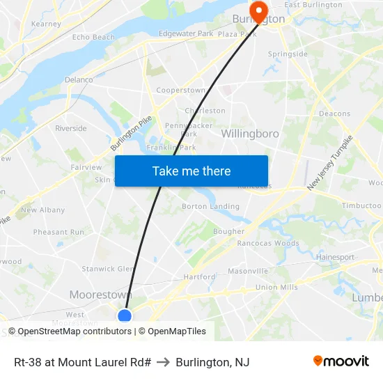 Rt-38 at Mount Laurel Rd# to Burlington, NJ map