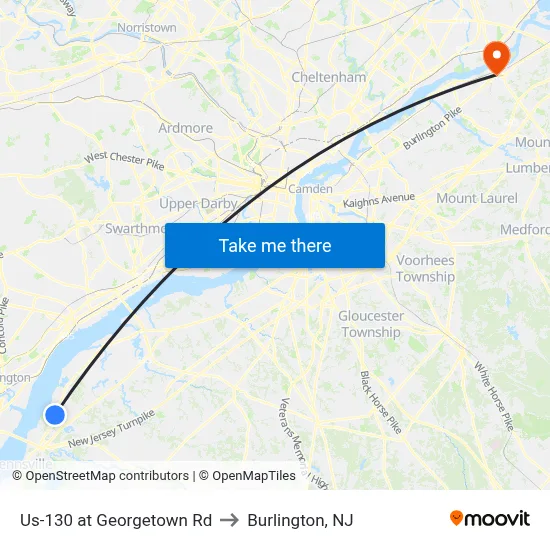 Us-130 at Georgetown Rd to Burlington, NJ map