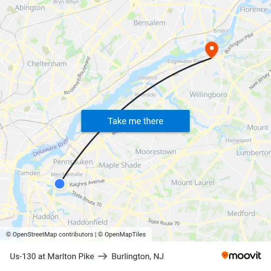Us-130 at Marlton Pike to Burlington, NJ map