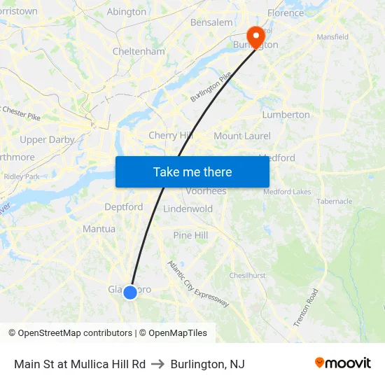 Main St at Mullica Hill Rd to Burlington, NJ map