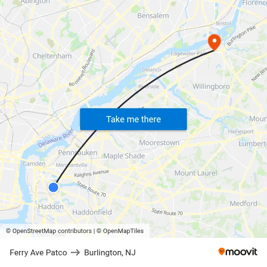 Ferry Ave Patco to Burlington, NJ map