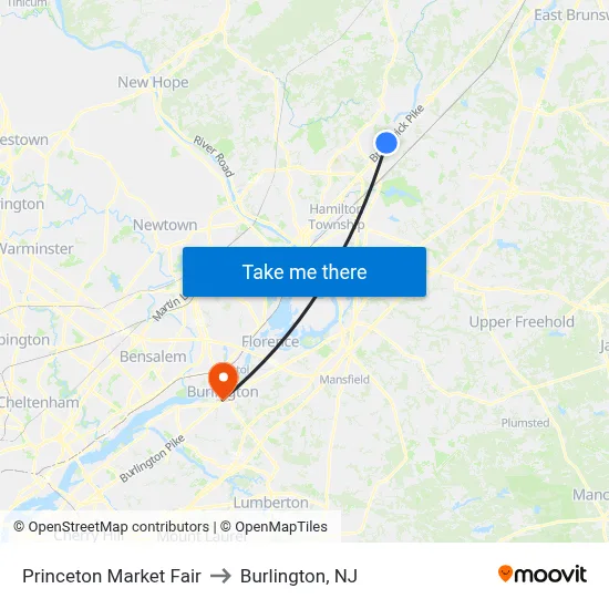 Princeton Market Fair to Burlington, NJ map
