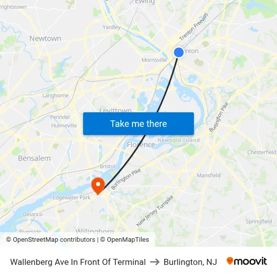 Wallenberg Ave In Front Of Terminal to Burlington, NJ map