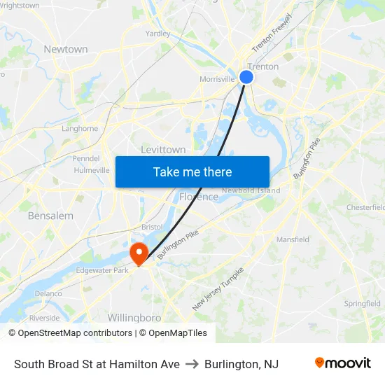 South Broad St at Hamilton Ave to Burlington, NJ map