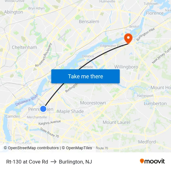 Rt-130 at Cove Rd to Burlington, NJ map