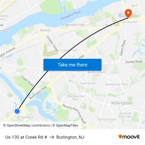 Us-130 at Creek Rd # to Burlington, NJ map
