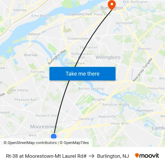 Rt-38 at Moorestown-Mt Laurel Rd# to Burlington, NJ map