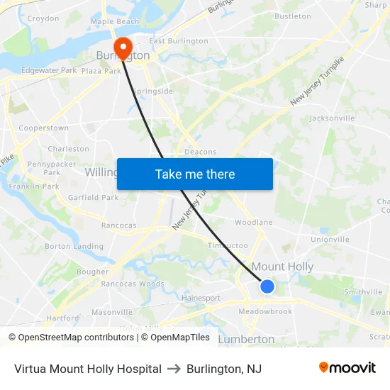 Virtua Mount Holly Hospital to Burlington, NJ map