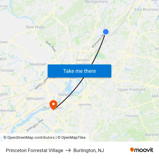 Princeton Forrestal Village to Burlington, NJ map