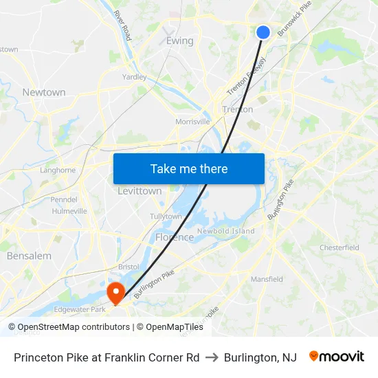 Princeton Pike at Franklin Corner Rd to Burlington, NJ map
