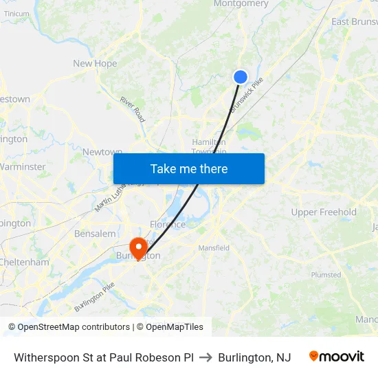 Witherspoon St at Paul Robeson Pl to Burlington, NJ map