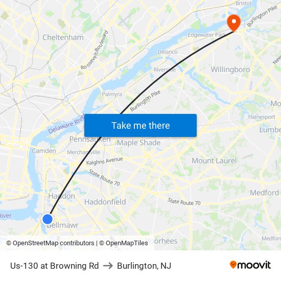 Us-130 at Browning Rd to Burlington, NJ map