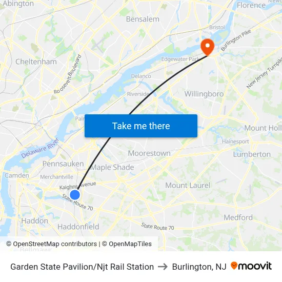 Garden State Pavilion/Njt Rail Station to Burlington, NJ map