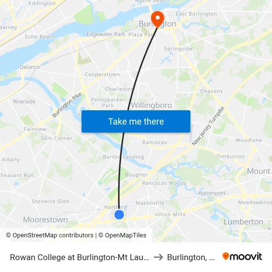 Rowan College at Burlington-Mt Laurel to Burlington, NJ map