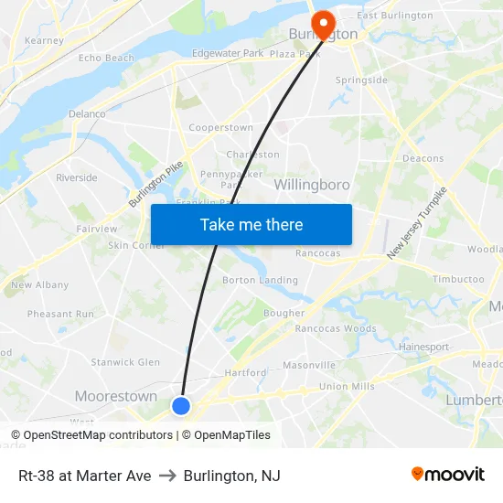 Rt-38 at Marter Ave to Burlington, NJ map
