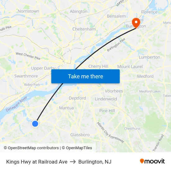 Kings Hwy at Railroad Ave to Burlington, NJ map